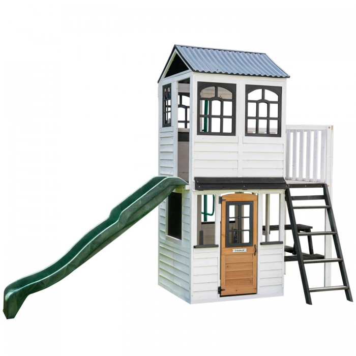 Complex Casă de joacă din lemn cu vedere la pădure pentru copii pe 2 niveluri Kidkraft  - Complex cu Etaj si Tobogan Wood-land de exterior in gardina